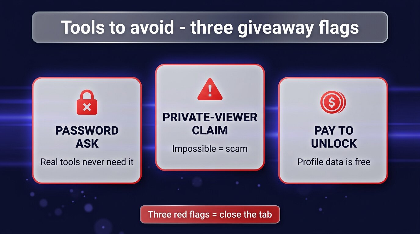 Three red warning cards: password ask, private-viewer claim, pay-to-unlock