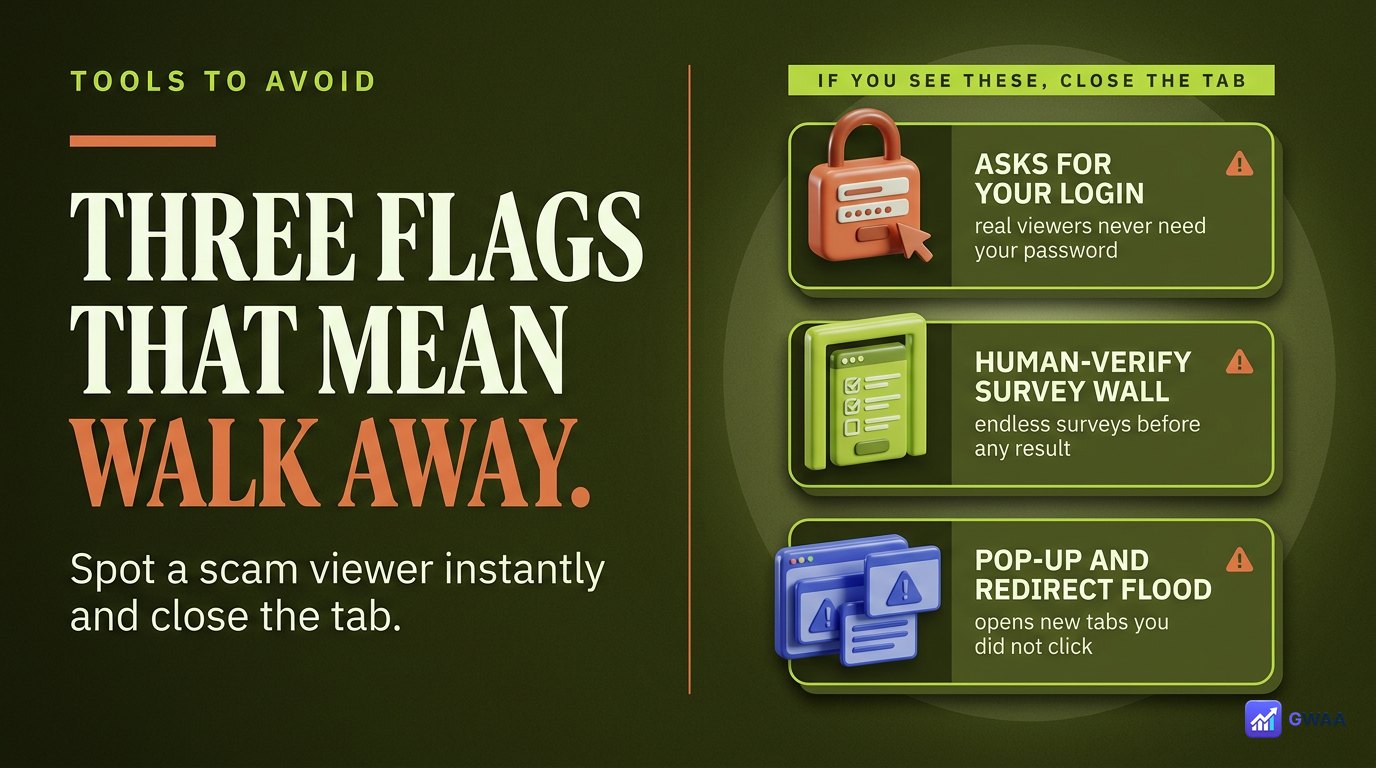 Three red warning cards: password ask, private-viewer claim, pay-to-unlock
