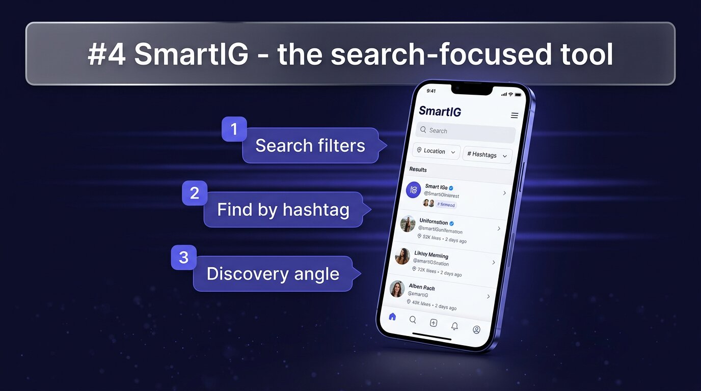 SmartIG interface with prominent search filters and hashtag dropdowns