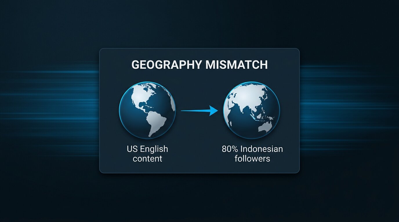 Two-globe card showing US English content vs Indonesian followers