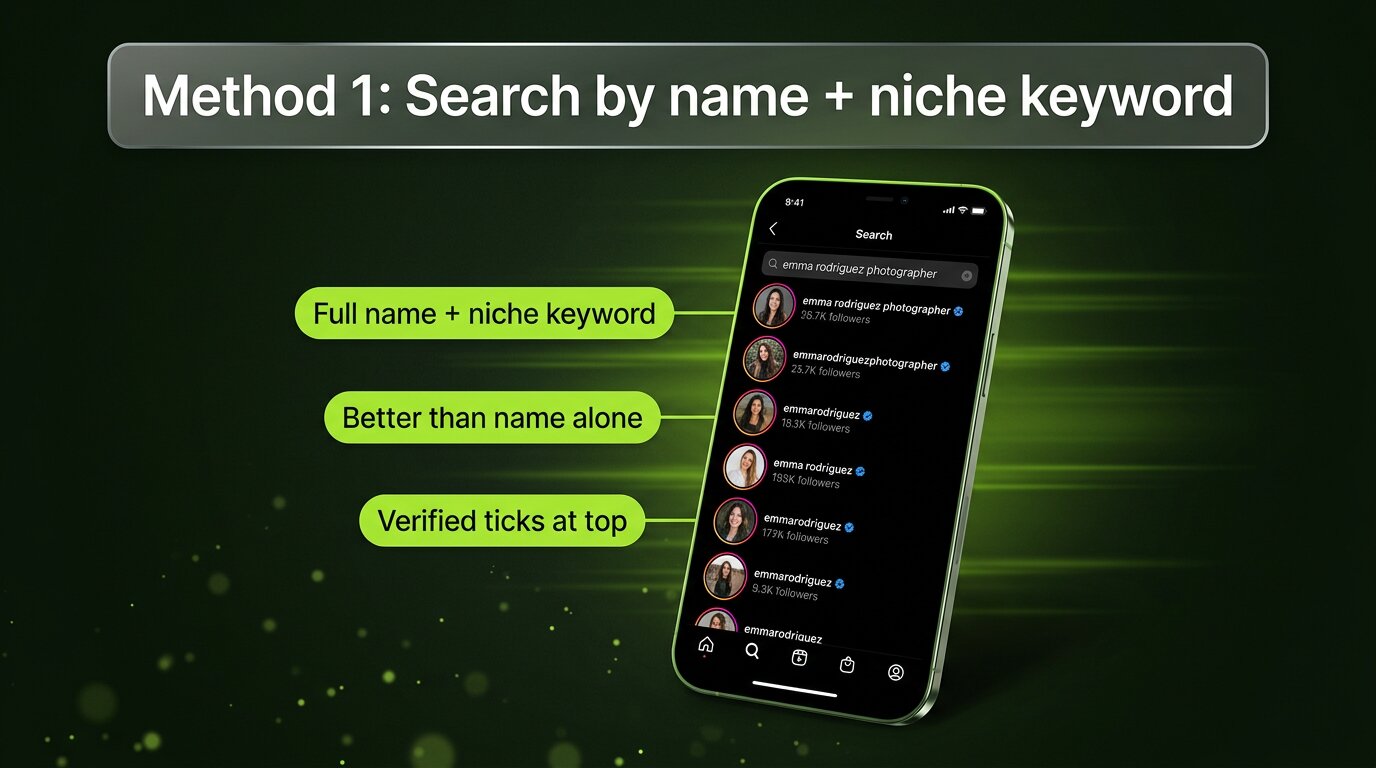 Instagram search showing list of profile results for a name + keyword query
