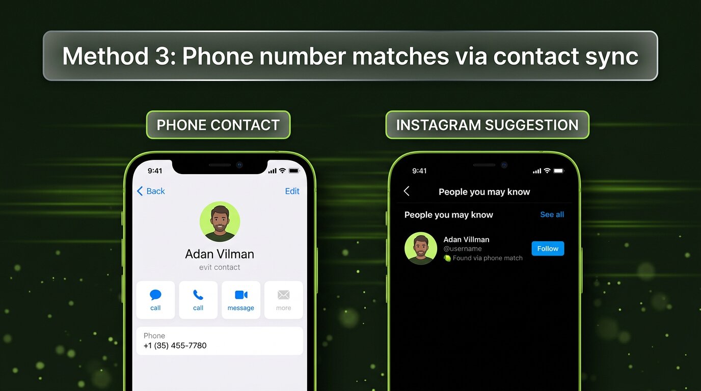 Two phones: phone contact and Instagram suggestion via phone match