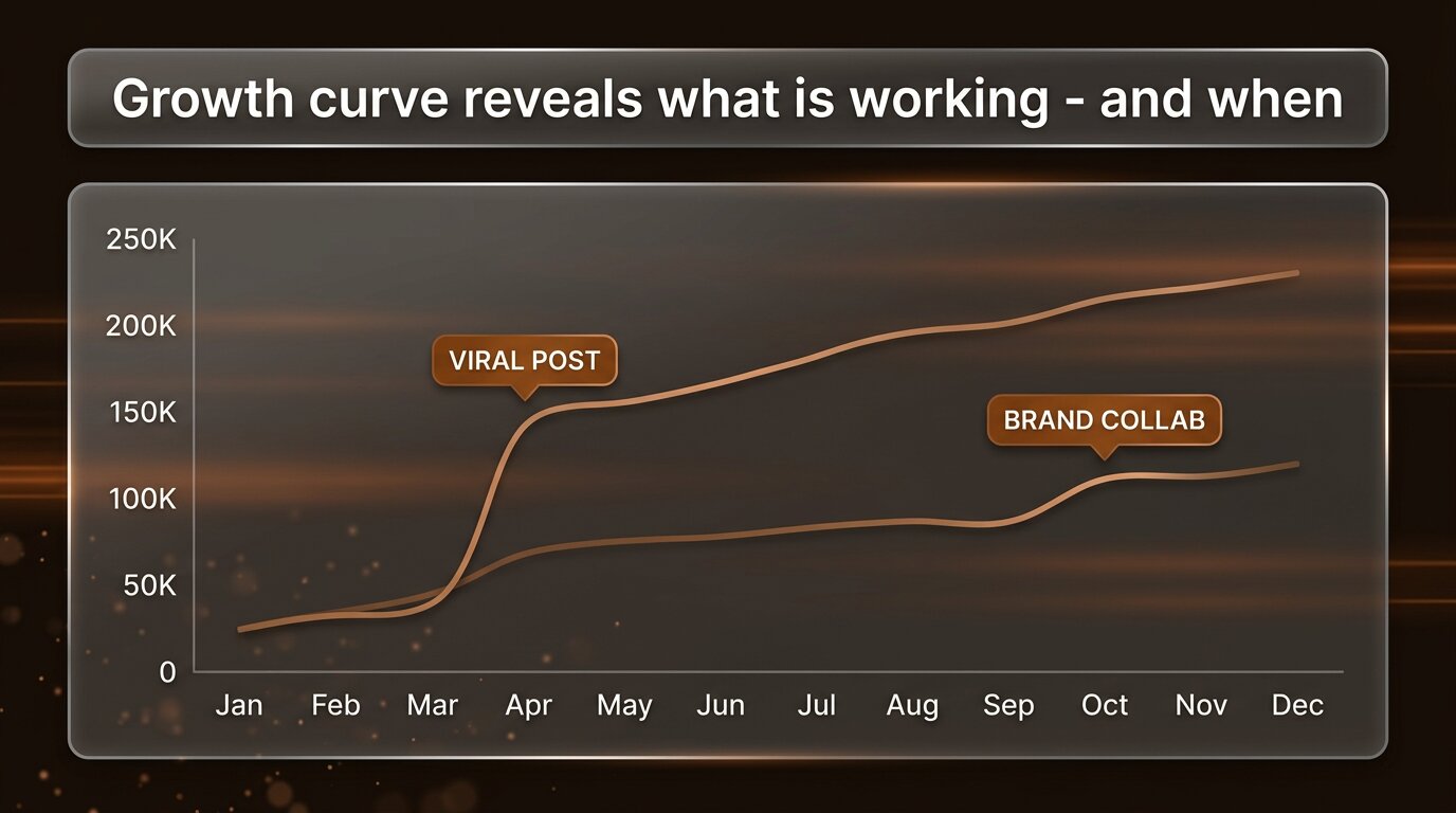 12-month line chart with inflection points marked viral post and brand collab