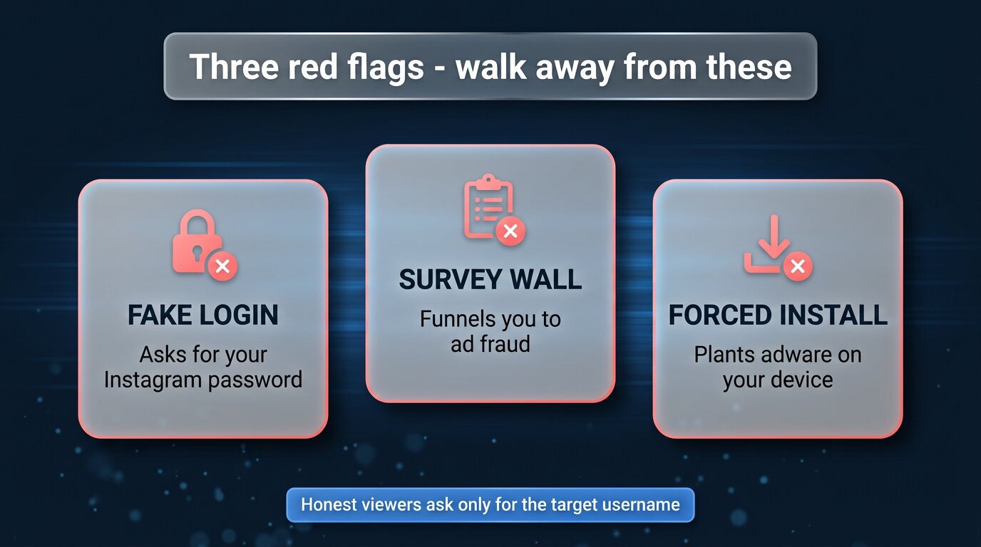 Three red flags: fake login, survey wall, forced install