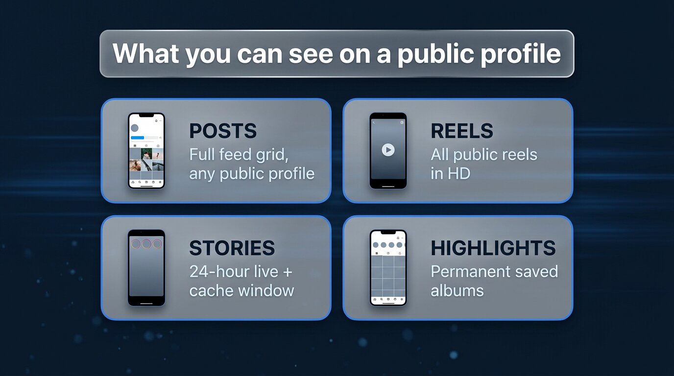 Four content types: posts, reels, stories, highlights