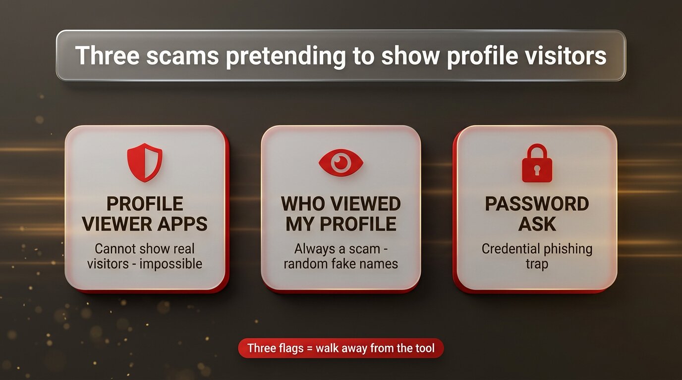 Three red warning cards: password phish, survey funnel, fake content