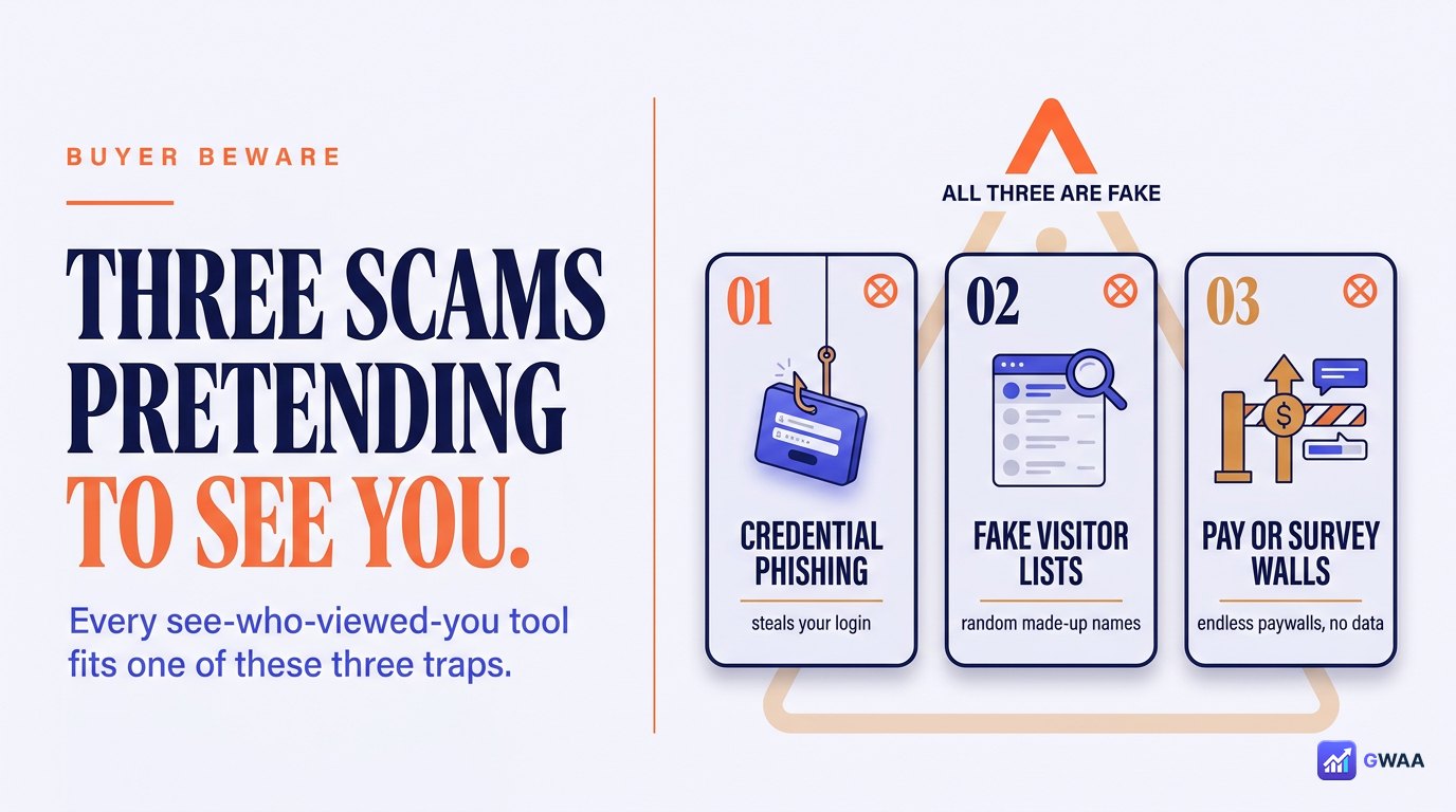 Three red warning cards: password phish, survey funnel, fake content
