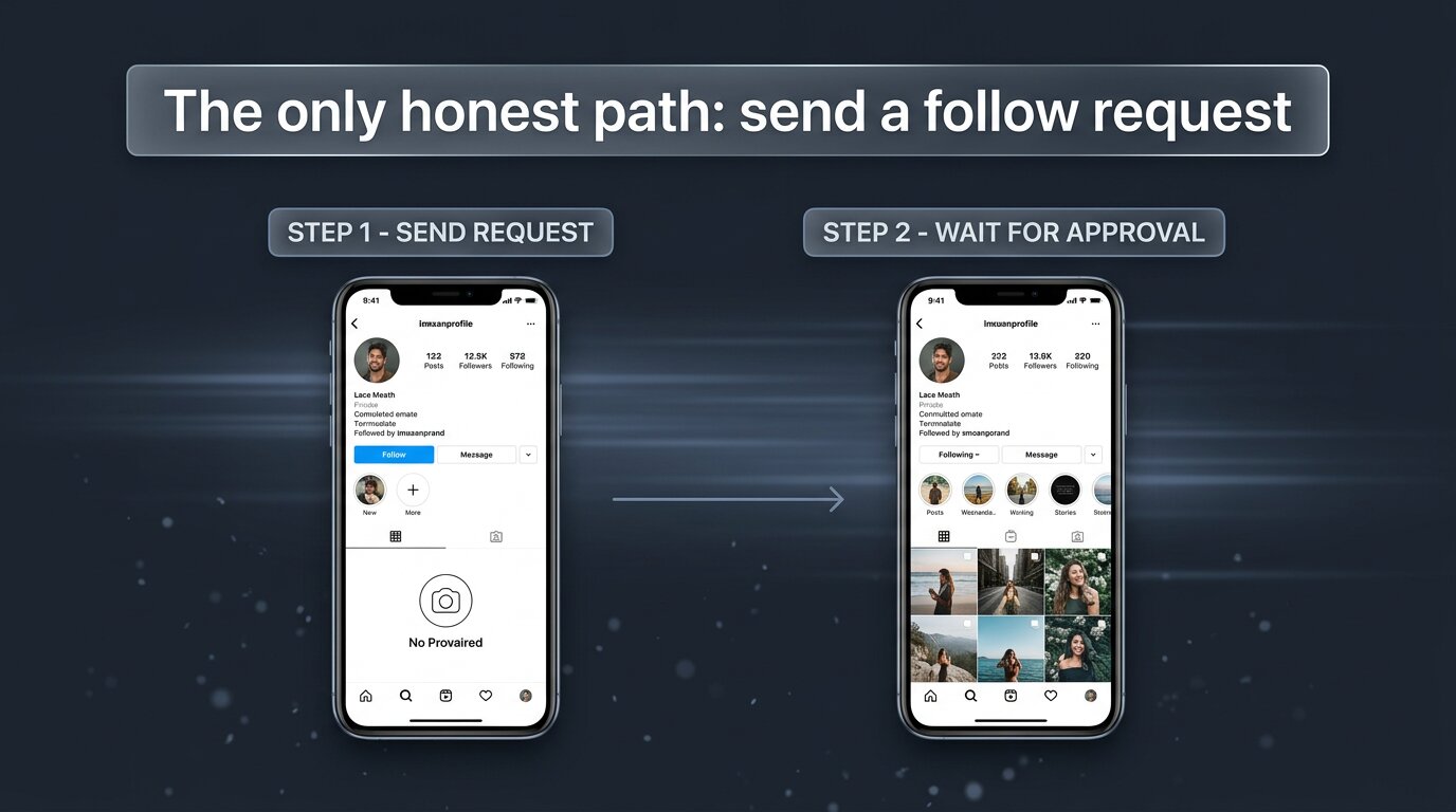 Two-phone flow showing follow request sent then approved