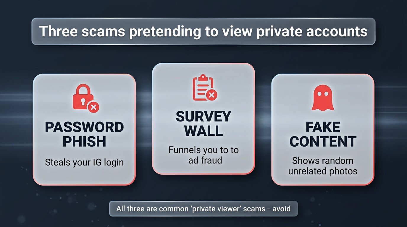 Three red warning cards: password phish, survey wall, fake content