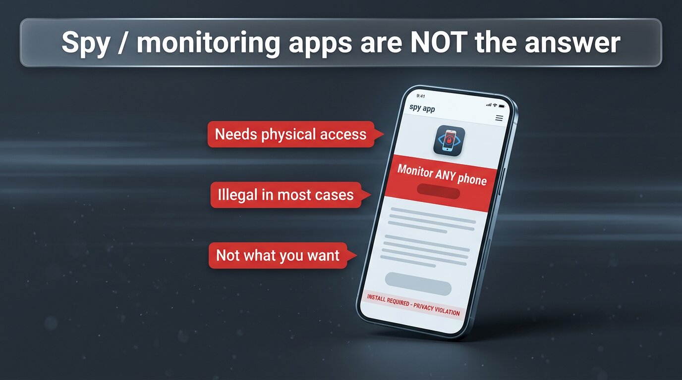 Spy app landing page with red warnings about legality and physical access