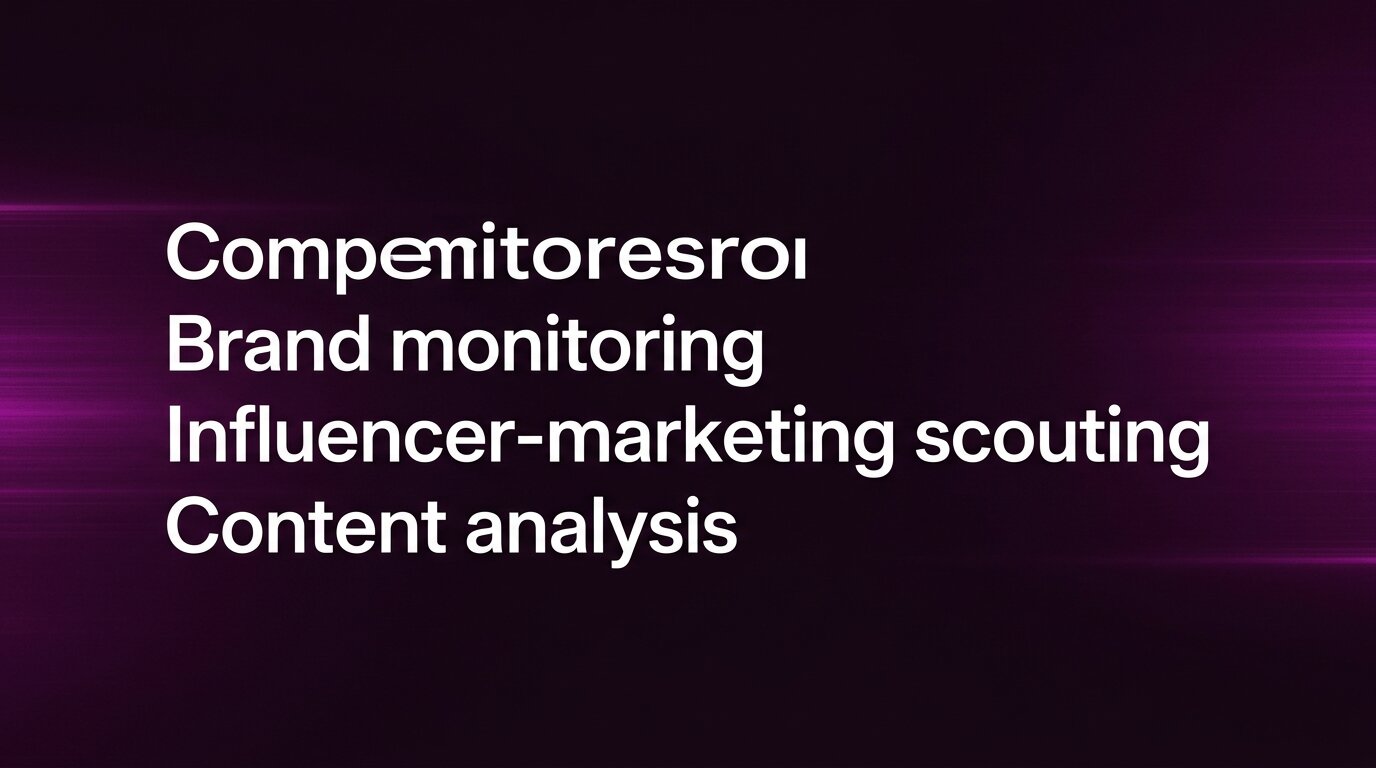 Four use cases: competitor research, brand monitoring, influencer scouting, content analysis